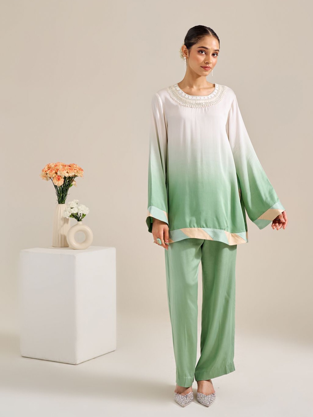 

Siyona by Ankurita Embellished Top With Trouser Co-Ords Set, Green