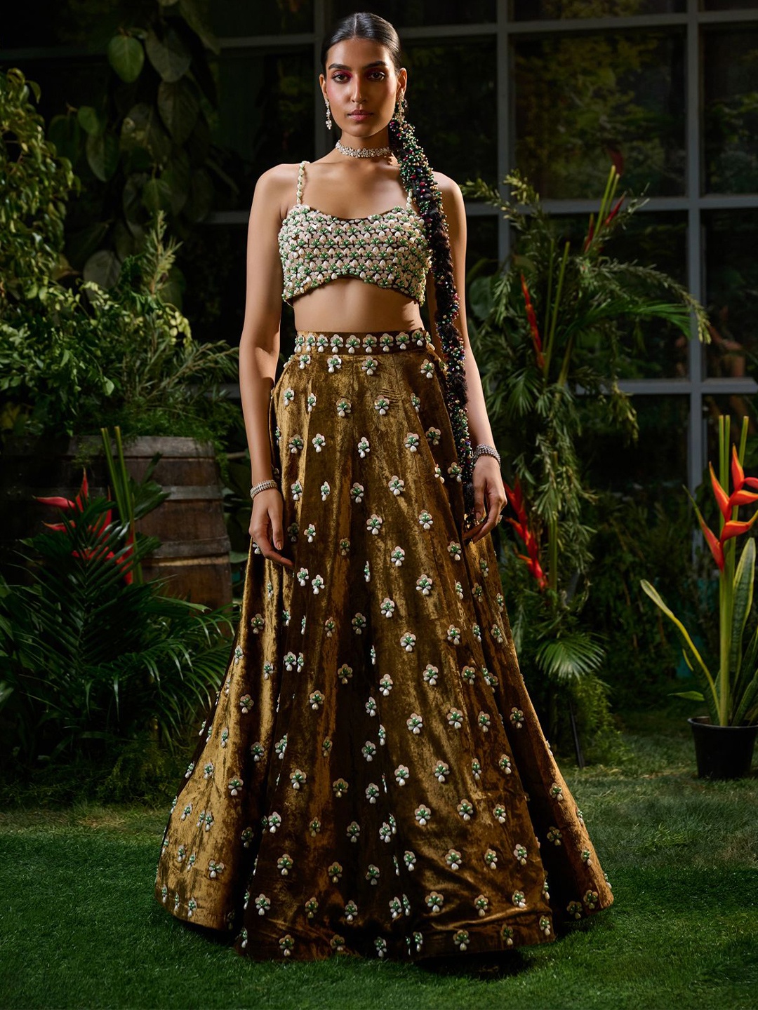 

Payal & Zinal Embellished Thread Work Ready to Wear Lehenga, Brown