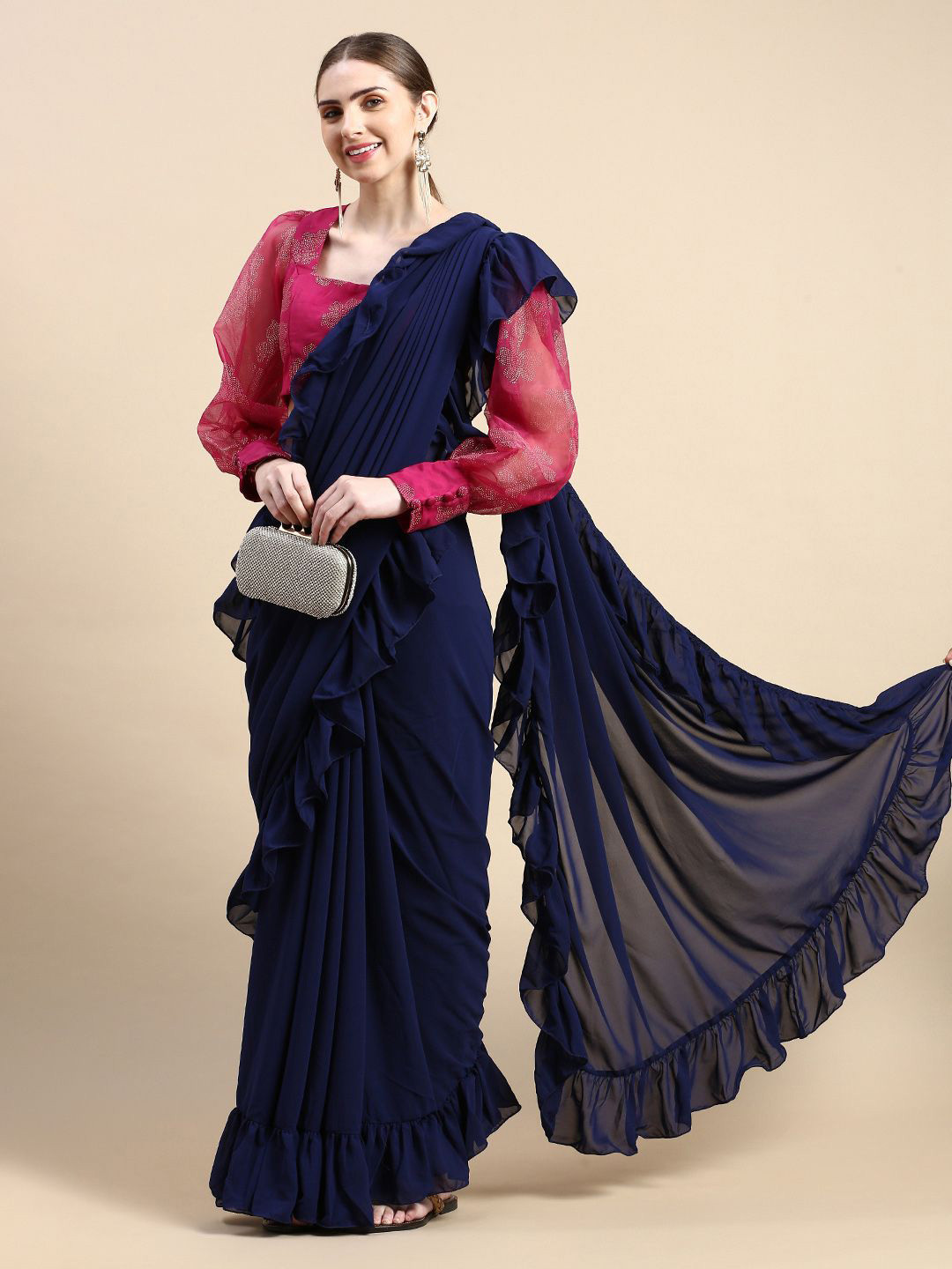 

Ethnovog Poly Georgette Saree, Navy blue
