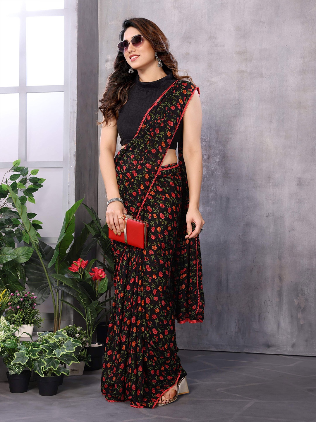 

bansari textiles Floral Embroidered Pure Georgette Ready to Wear Saree, Black