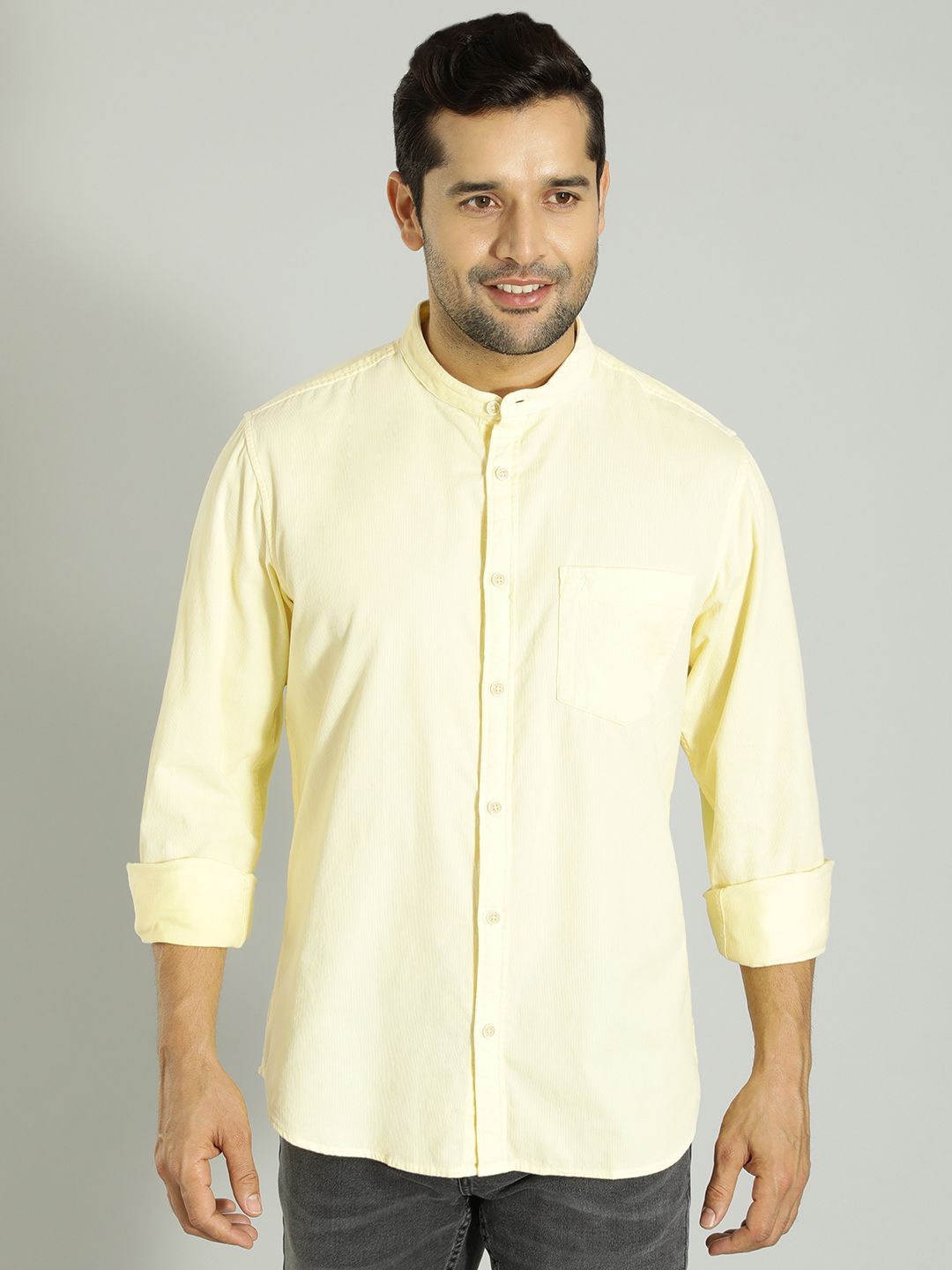 

Indian Terrain Men India Slim Band Collar Solid Cotton Slim Fit Casual Shirt, Yellow