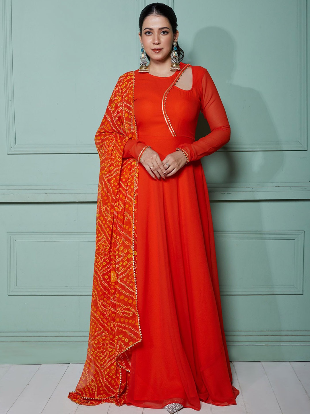 

NUD Women Printed Flared Sleeves Georgette Kurta, Orange