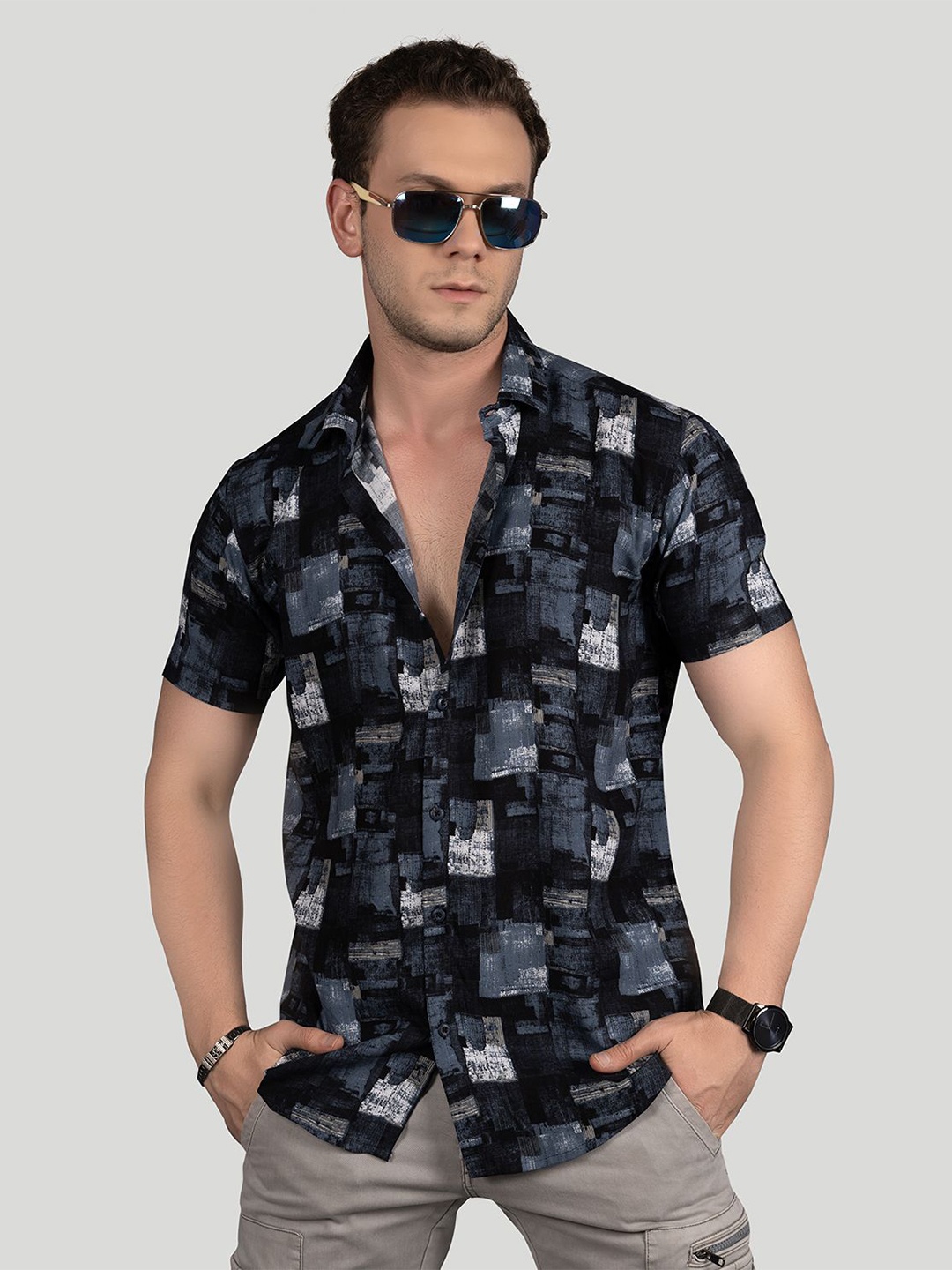 

ALMATY Men Comfort Slim Fit Opaque Printed Party Shirt, Blue