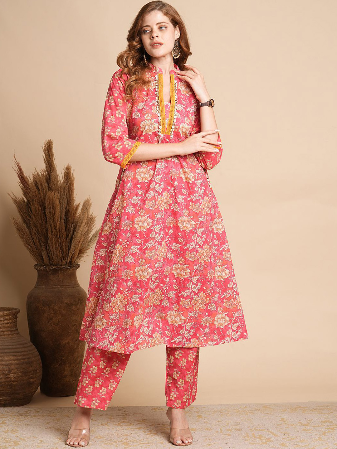 

FASHOR Women Floral Printed Regular Beads and Stones Pure Cotton Kurta with Trousers, Pink