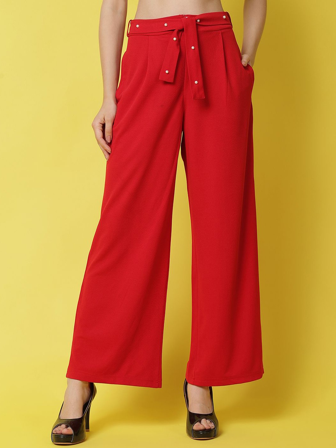 

Frolic Rolic Polyester Embellished Belt Parallel Trouser, Red