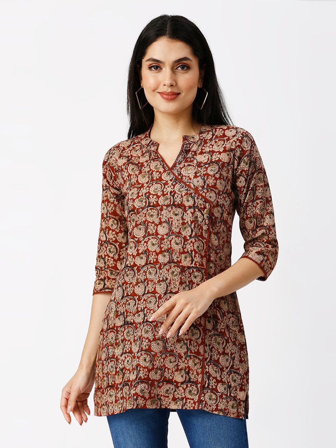 

STUNICS Floral Print Mandarin Collar Cotton Top, Orange