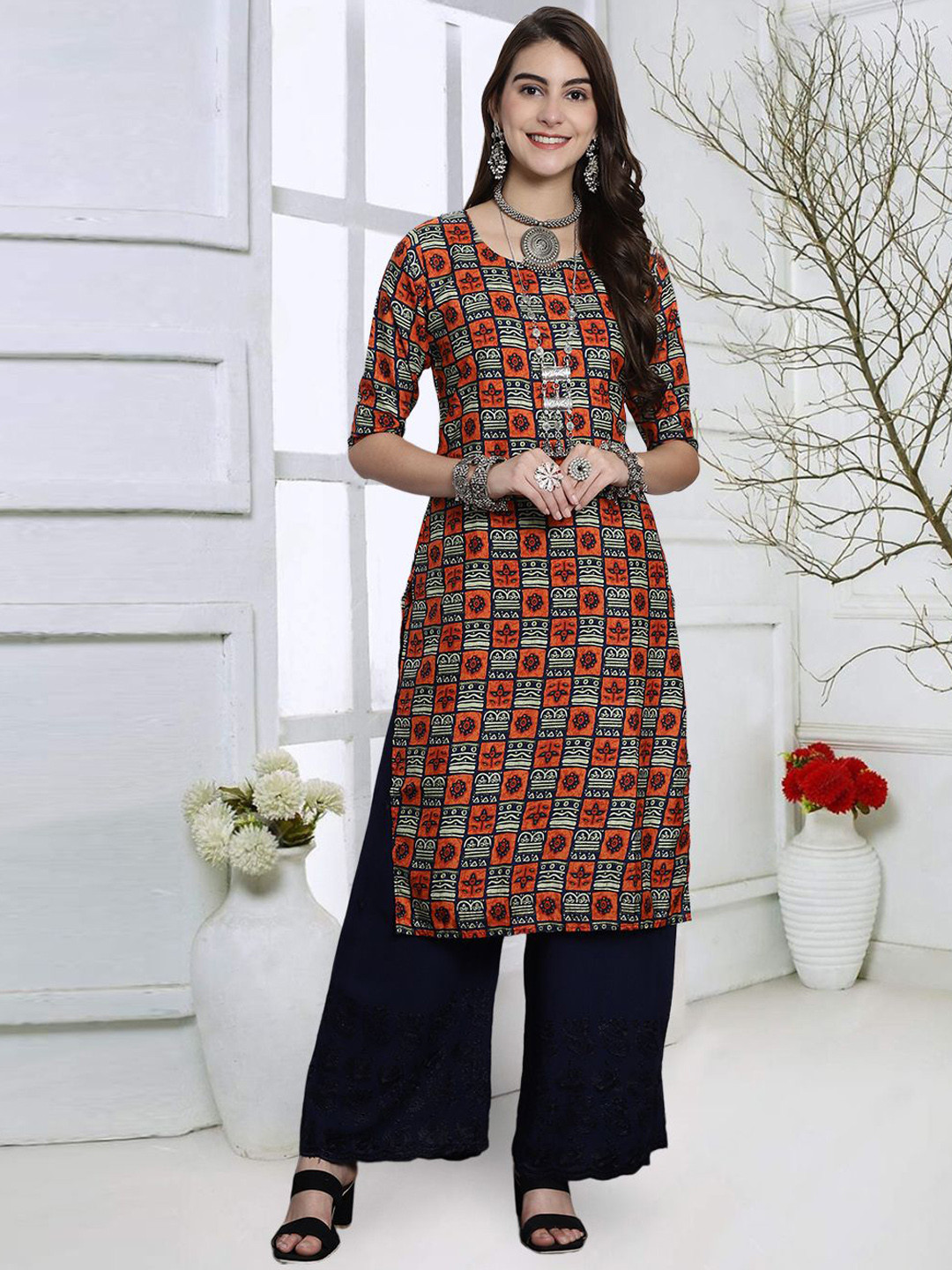 

7Threads Women Geometric Keyhole Neck Flared Sleeves Mirror Work Floral Crepe Kurta, Multi