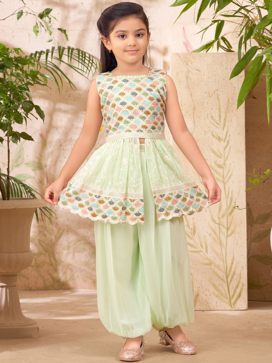 

Aarika Girls Embroidered Regular Kurta with Salwar, Sea green