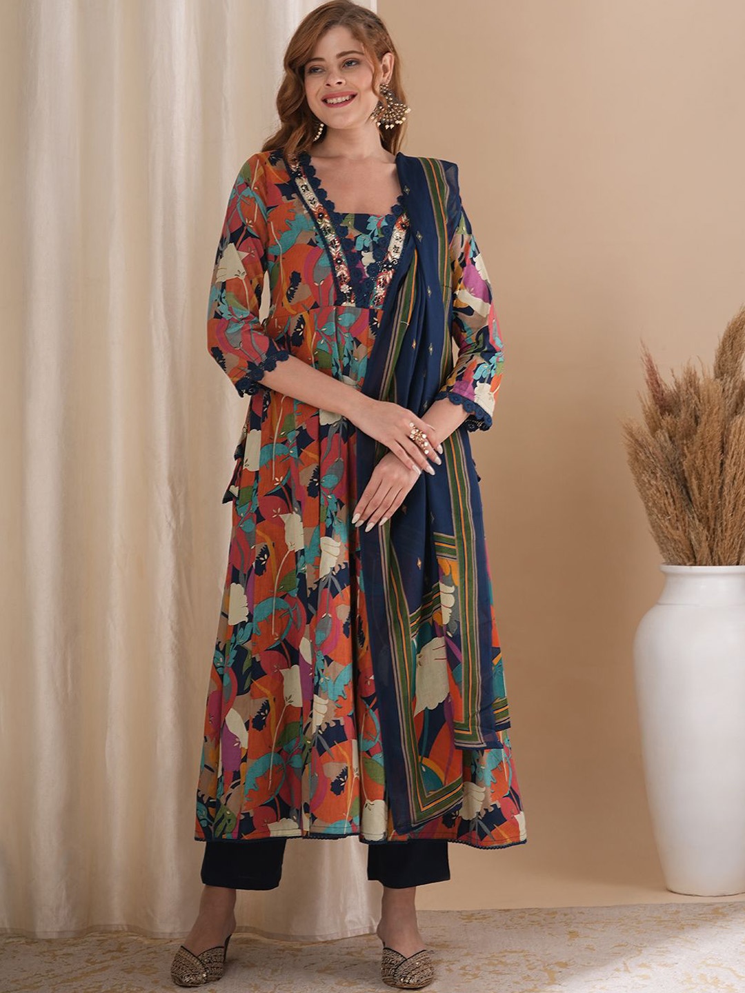 

FASHOR Women Printed Panelled Beads and Stones Pure Cotton Kurta with Trousers & With Dupatta, Rust