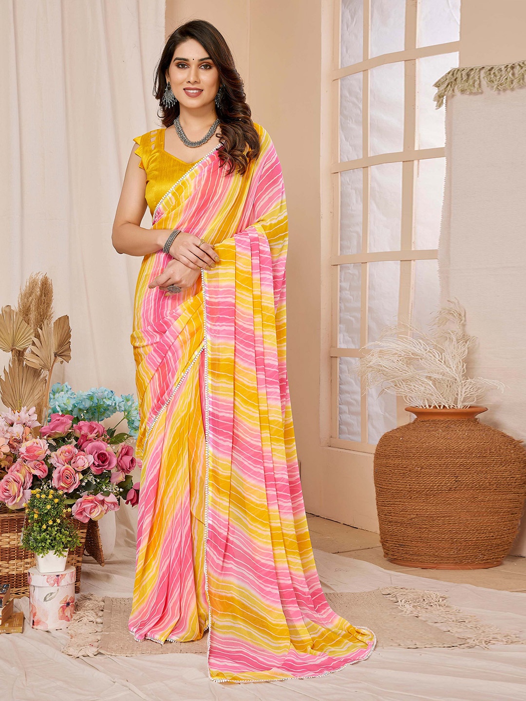 

bansari textiles Striped Gotta Patti Pure Georgette Ready to Wear Leheriya Saree, Yellow