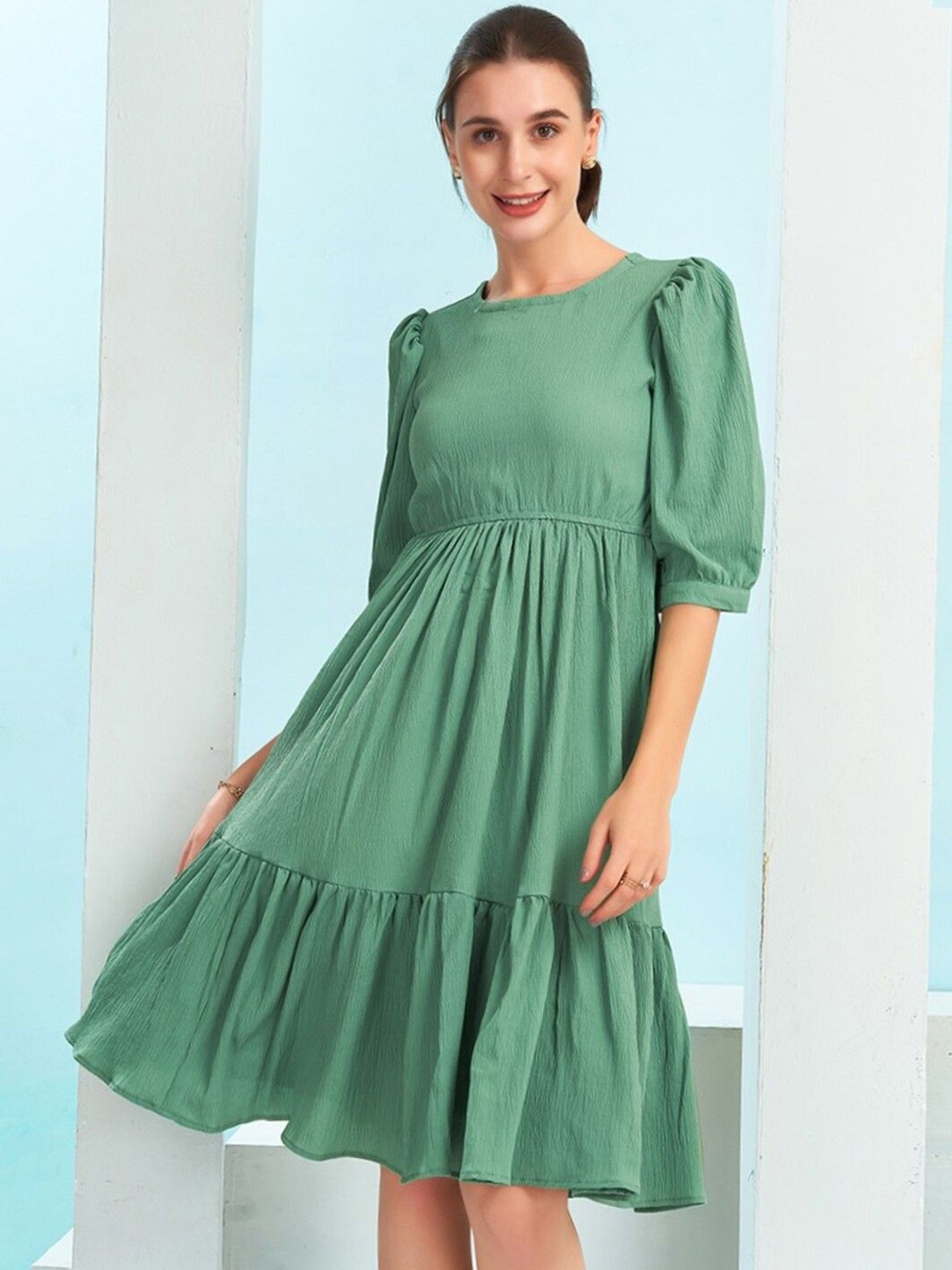 

Selvia Puff Sleeve Fit & Flare Midi Dress, Green