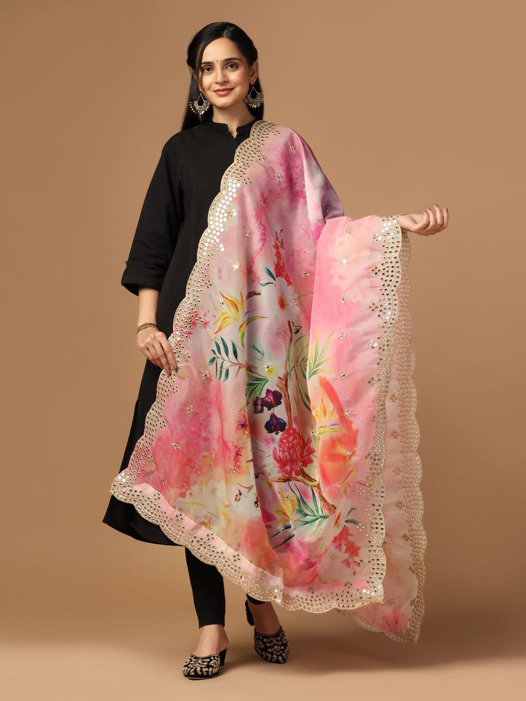 

Kaizen TEXO FAB Floral Printed Organza Dupatta, Pink