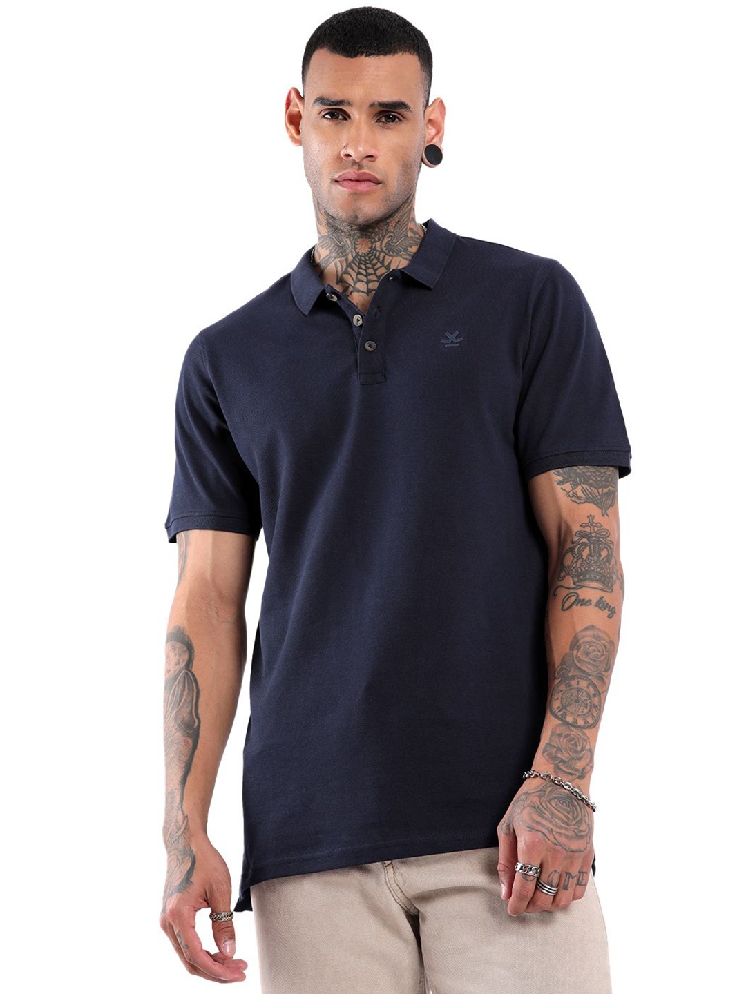 

WROGN Timeless Polo Collar Slim Fit Cotton T-shirt, Navy blue