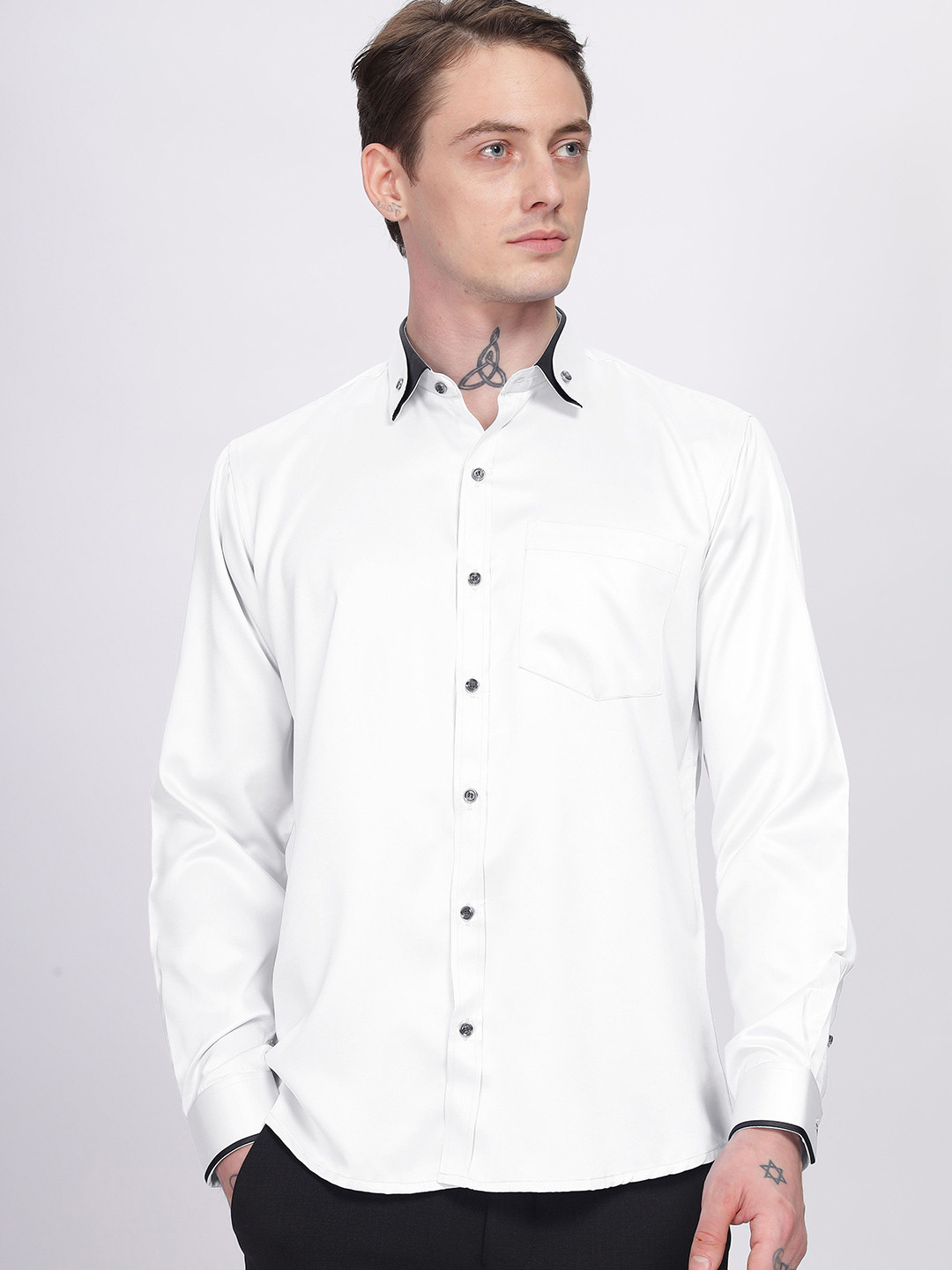 

HAMPTONS Shiny Satin Partywear Shirt with Collar Tipping, White