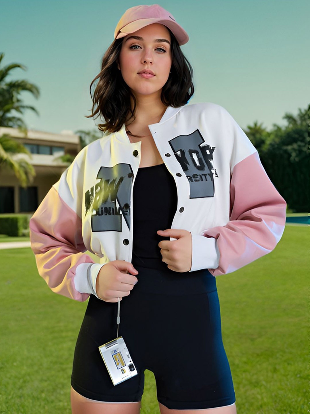

HERSHEINBOX Women Colourblocked Fleece Crop Bomber with Embroidered Jacket, Multi