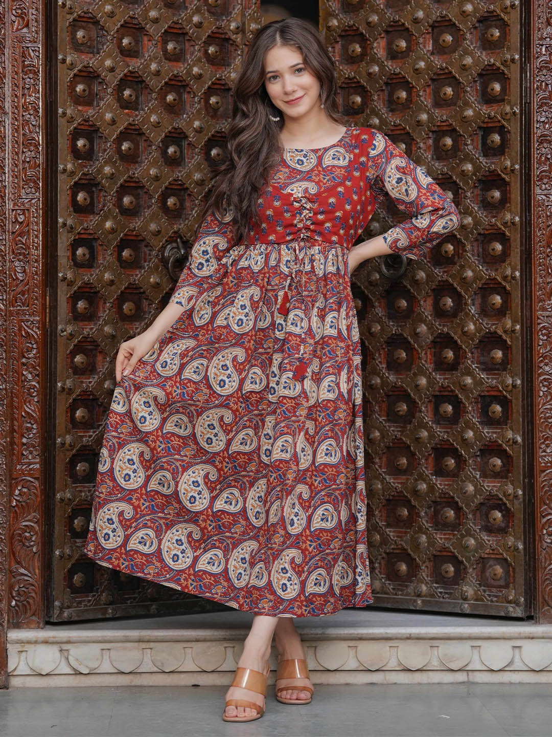 

INDIANIC Ethnic Motifs Print Maxi Dress, Maroon