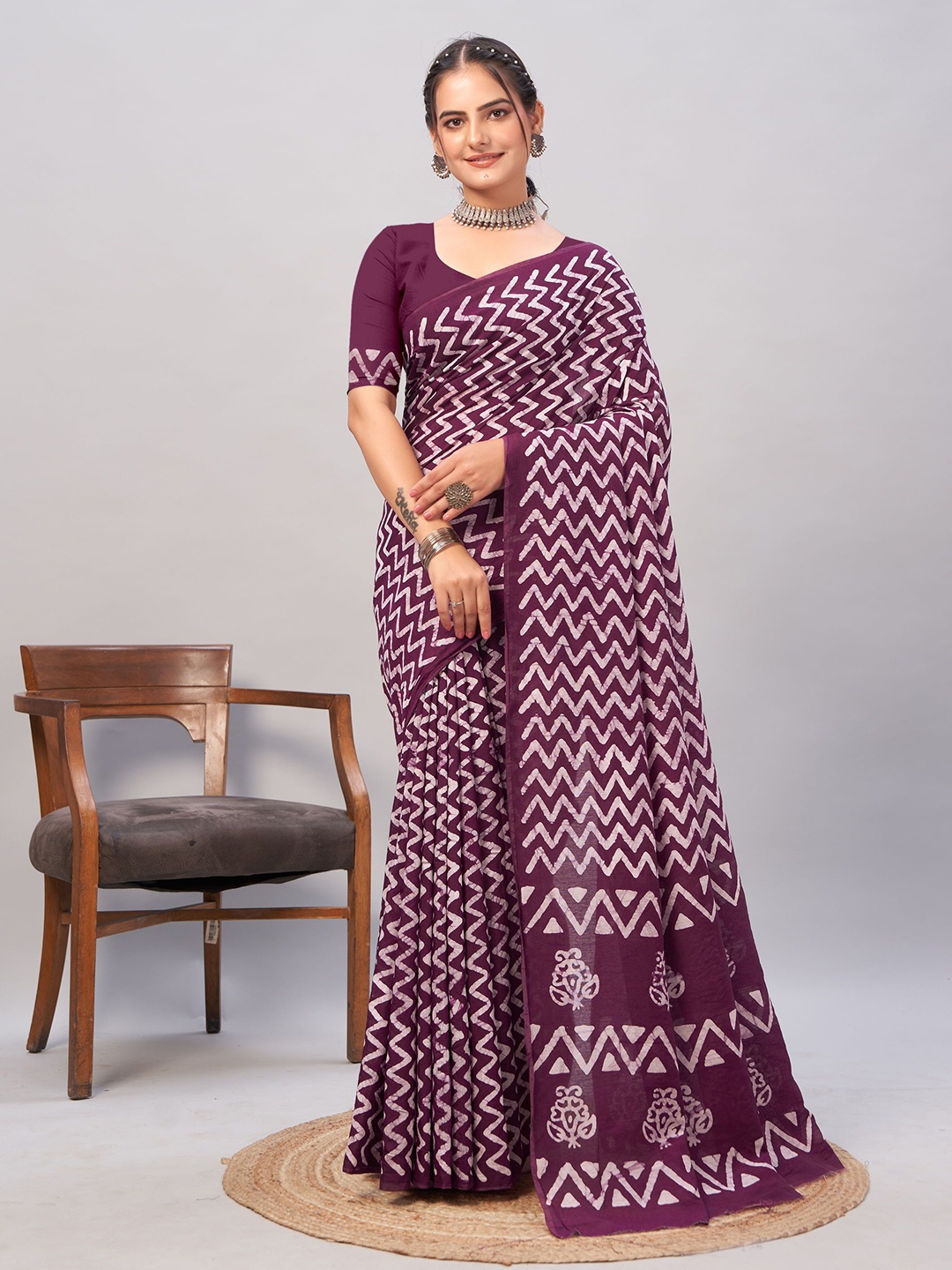 

DIVASTRI Pure Cotton Jamdani Saree, Purple
