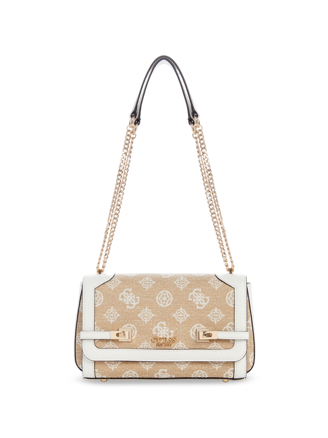 

GUESS Floral Printed Structured Shoulder Bag with Applique, White