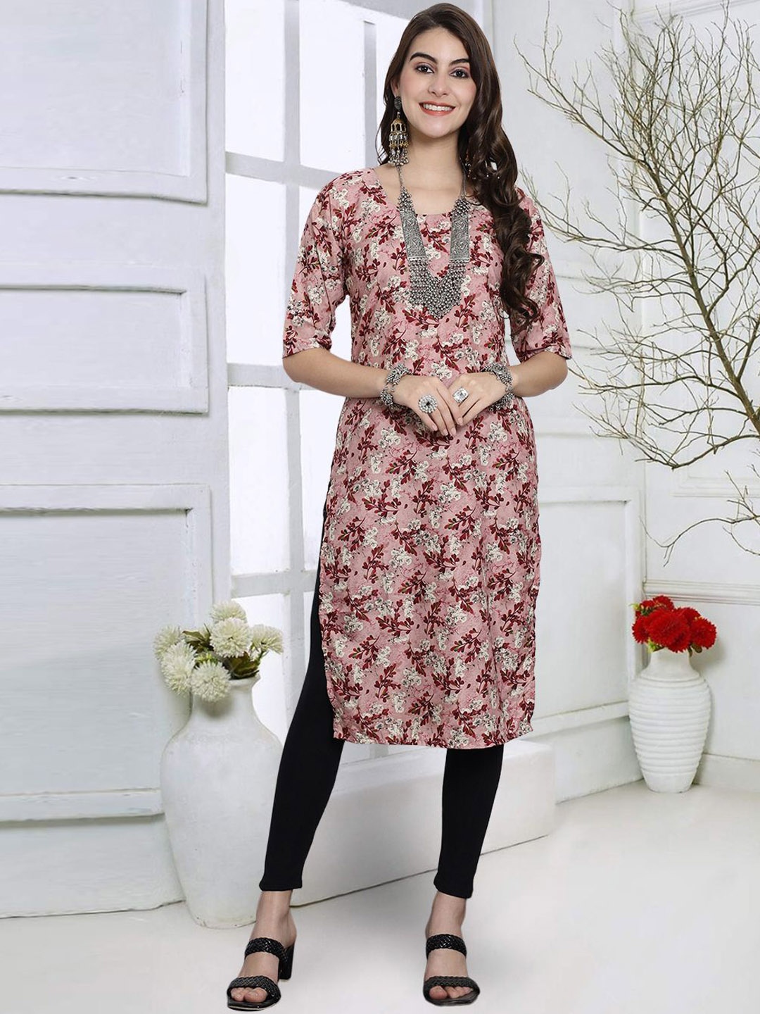 

7Threads Women Printed Mirror Work Floral Crepe Kurta, Multi