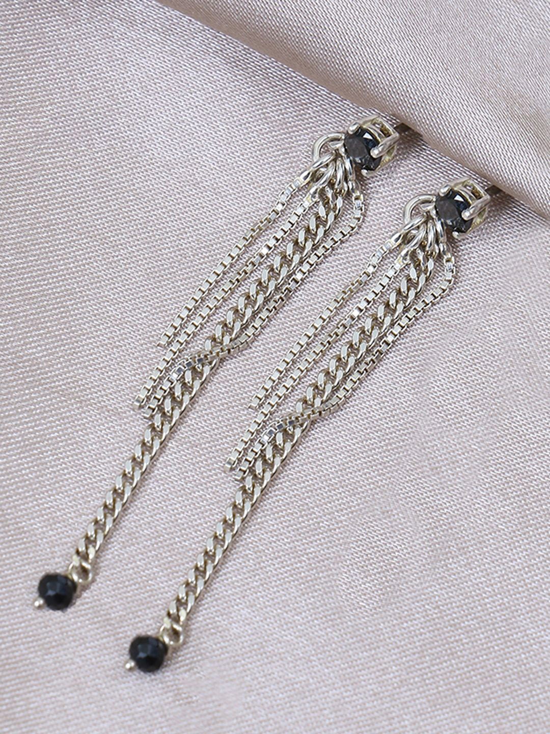 

House of Pataudi 925 Sterling Silver Stone Studded & Beaded Chain Drop Earrings