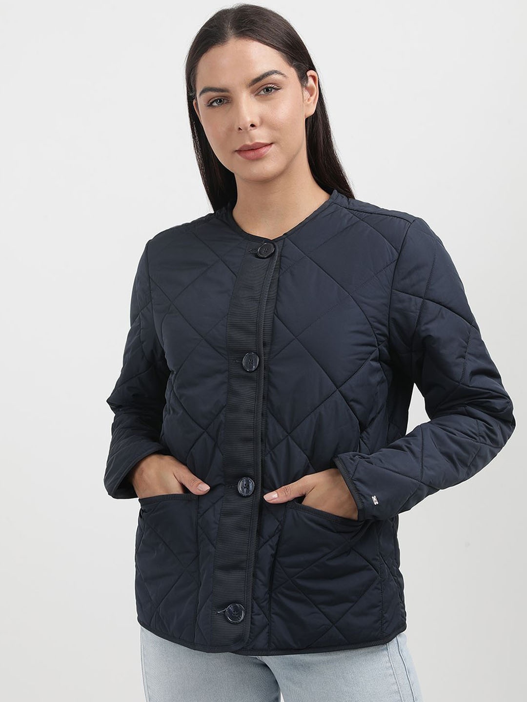 

Tommy Hilfiger Women Longline Quilted Jacket with Patchwork, Blue