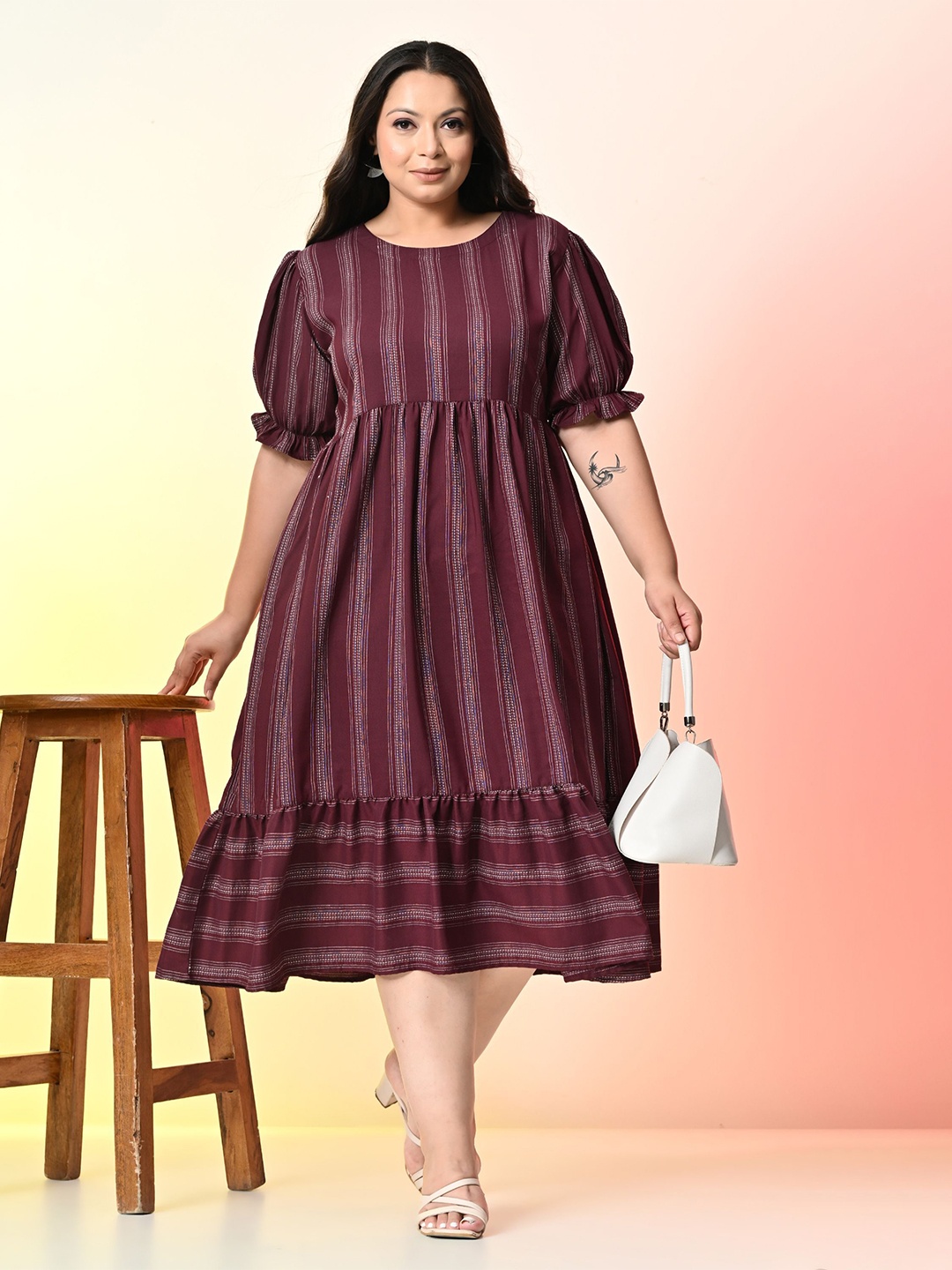 

PrettyPlus by Desinoor.com Plus Size Striped Fit & Flare Midi Dress, Burgundy