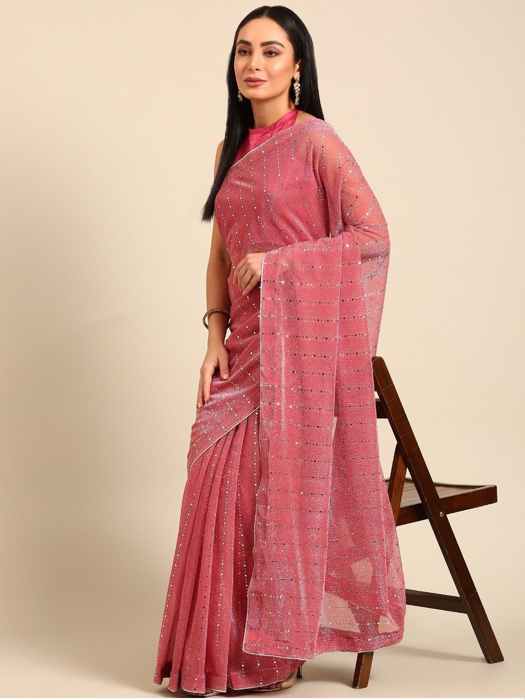 

all about you Striped Beads and Stones Saree, Maroon