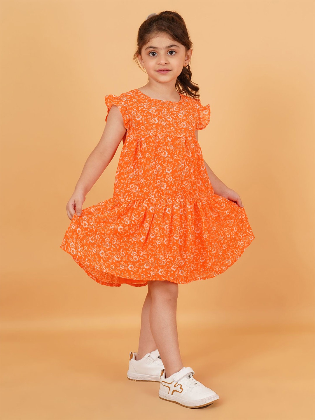 

Creative Kids Floral Print Flutter Sleeve Georgette A-Line Dress, Orange