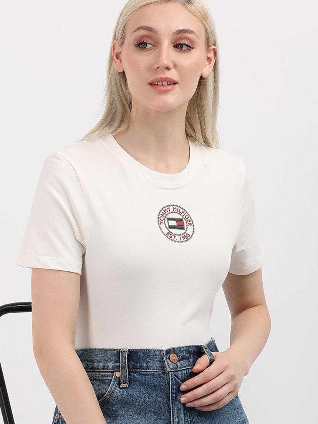 

Tommy Hilfiger Women Typography Extended Sleeves Applique Slim Fit T-shirt, White