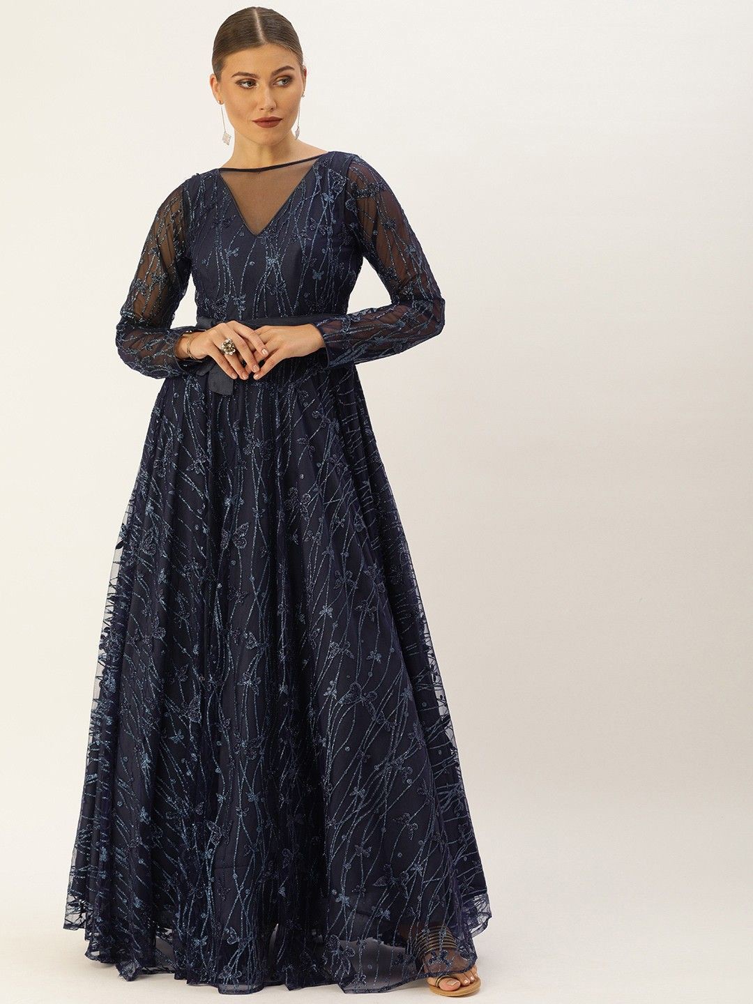 

Ethnovog Embellished Net Maxi Dress, Navy blue