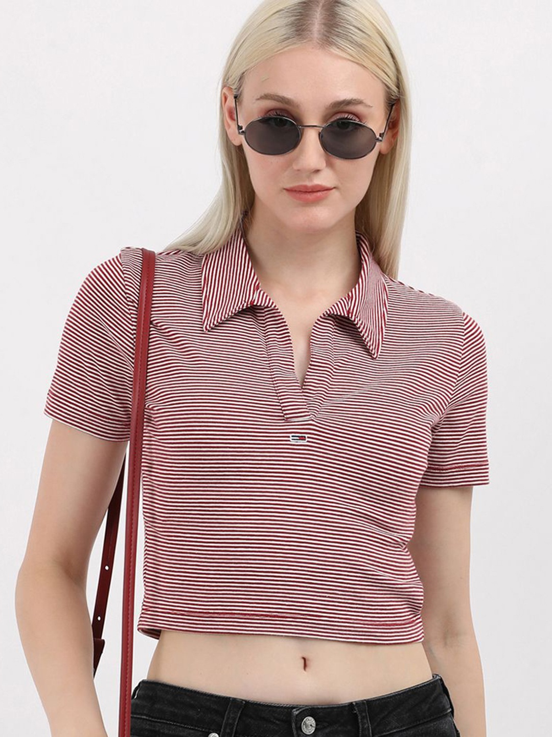 

Tommy Hilfiger Women Striped V-Neck Pockets T-shirt, Red
