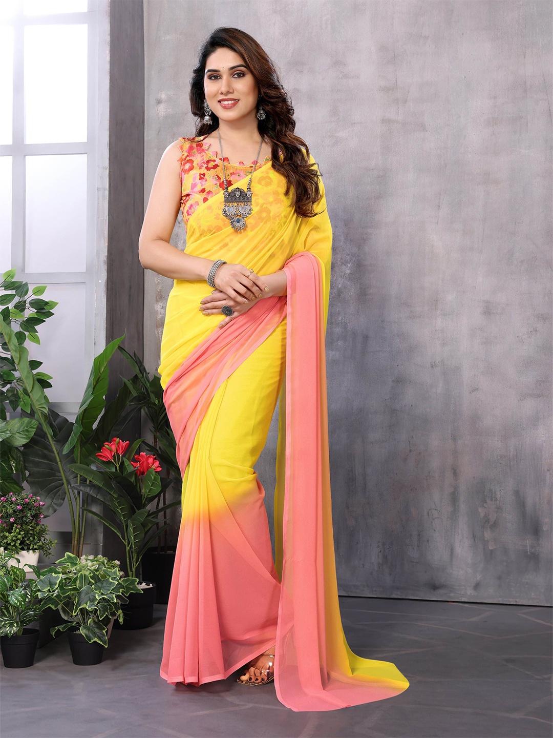 

Upalksh Ombre Pure Georgette Ready to Wear Leheriya Saree, Yellow