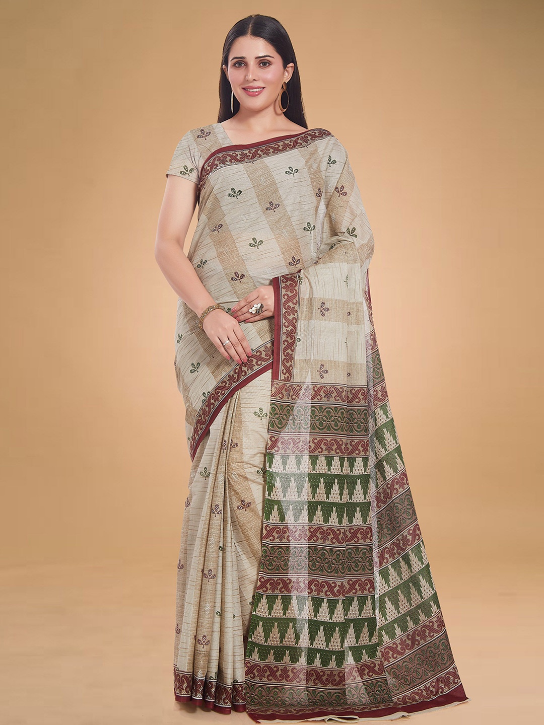 

Rani Saahiba Floral Pure Cotton Saree, Beige