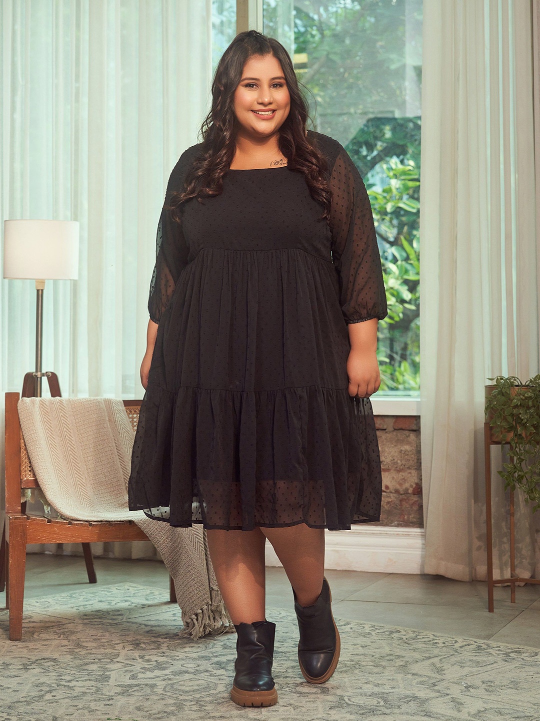 

NANGALIA RUCHIRA Plus Size Empire Midi Tiered Dress, Black