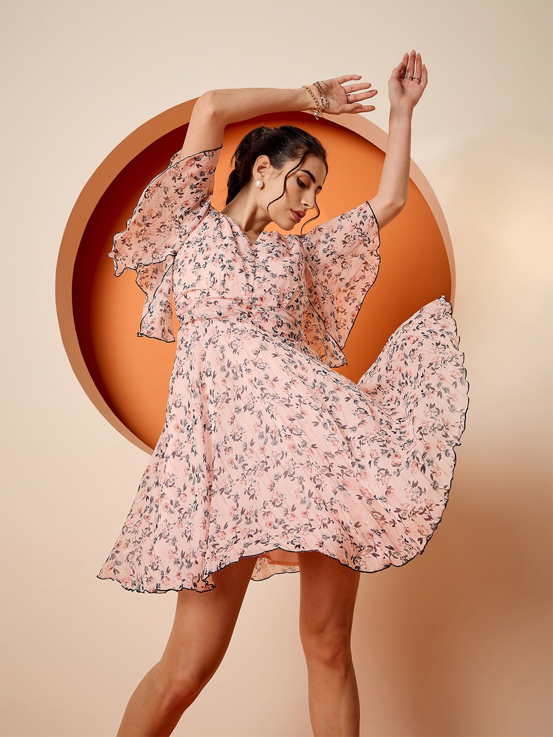 

Antheaa Floral Print Flutter Sleeve Chiffon A-Line Dress, Peach