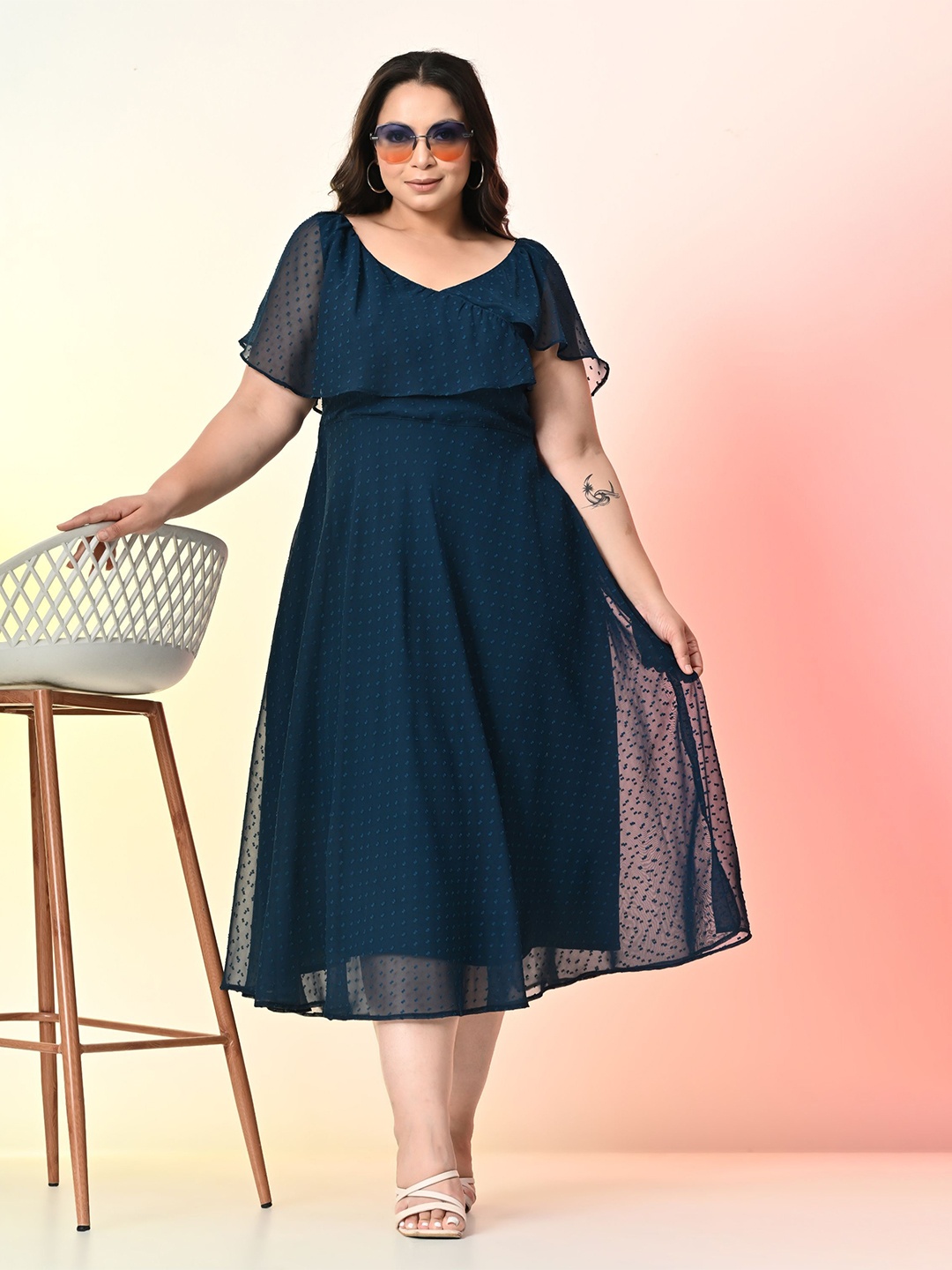 

PrettyPlus by Desinoor.com Plus Size Flared Sleeve Georgette Fit and Flare Midi Dress, Teal