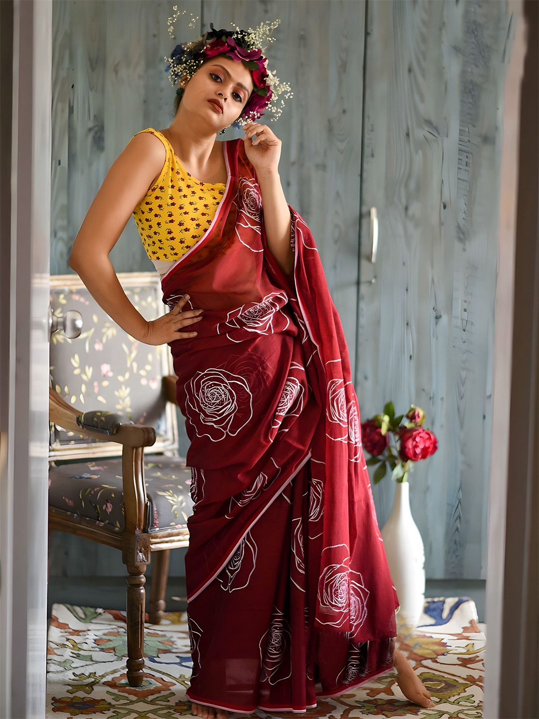 

Anouk Floral Linen Blend Saree, Maroon