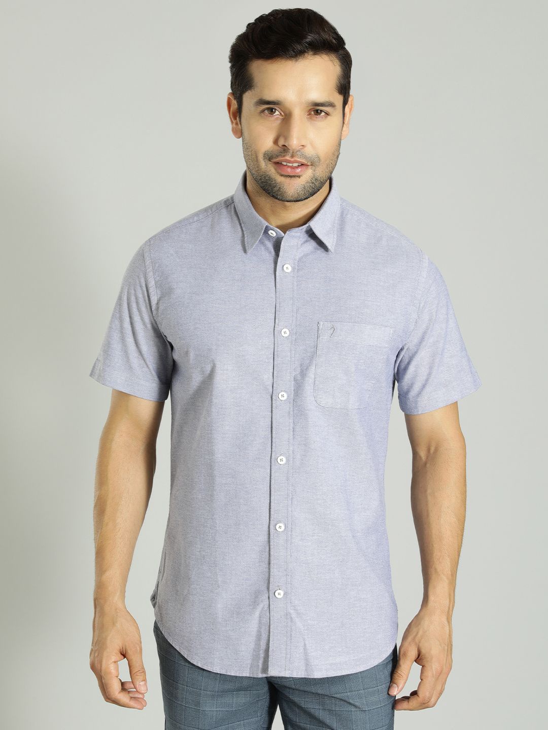 

Indian Terrain Men India Slim Spread Collar Solid Cotton Slim Fit Casual Shirt, Blue