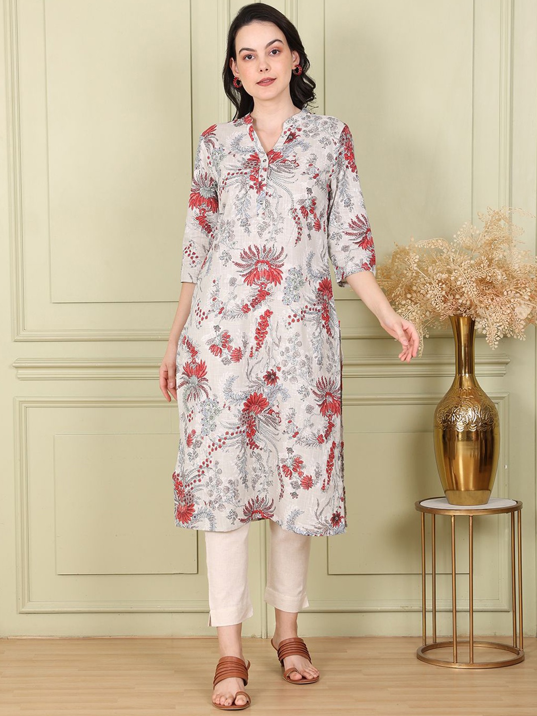 

W Women Floral Printed Thread Work Kurta, White