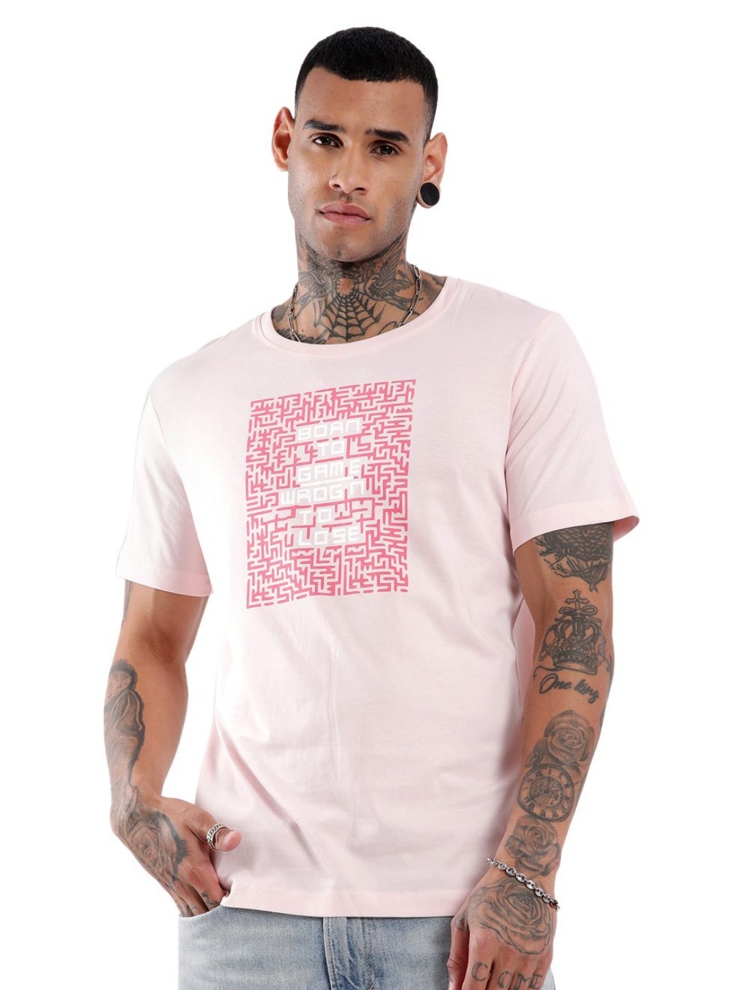 

WROGN Born To Game Typography Printed Slim Fit Cotton T-shirt, Pink