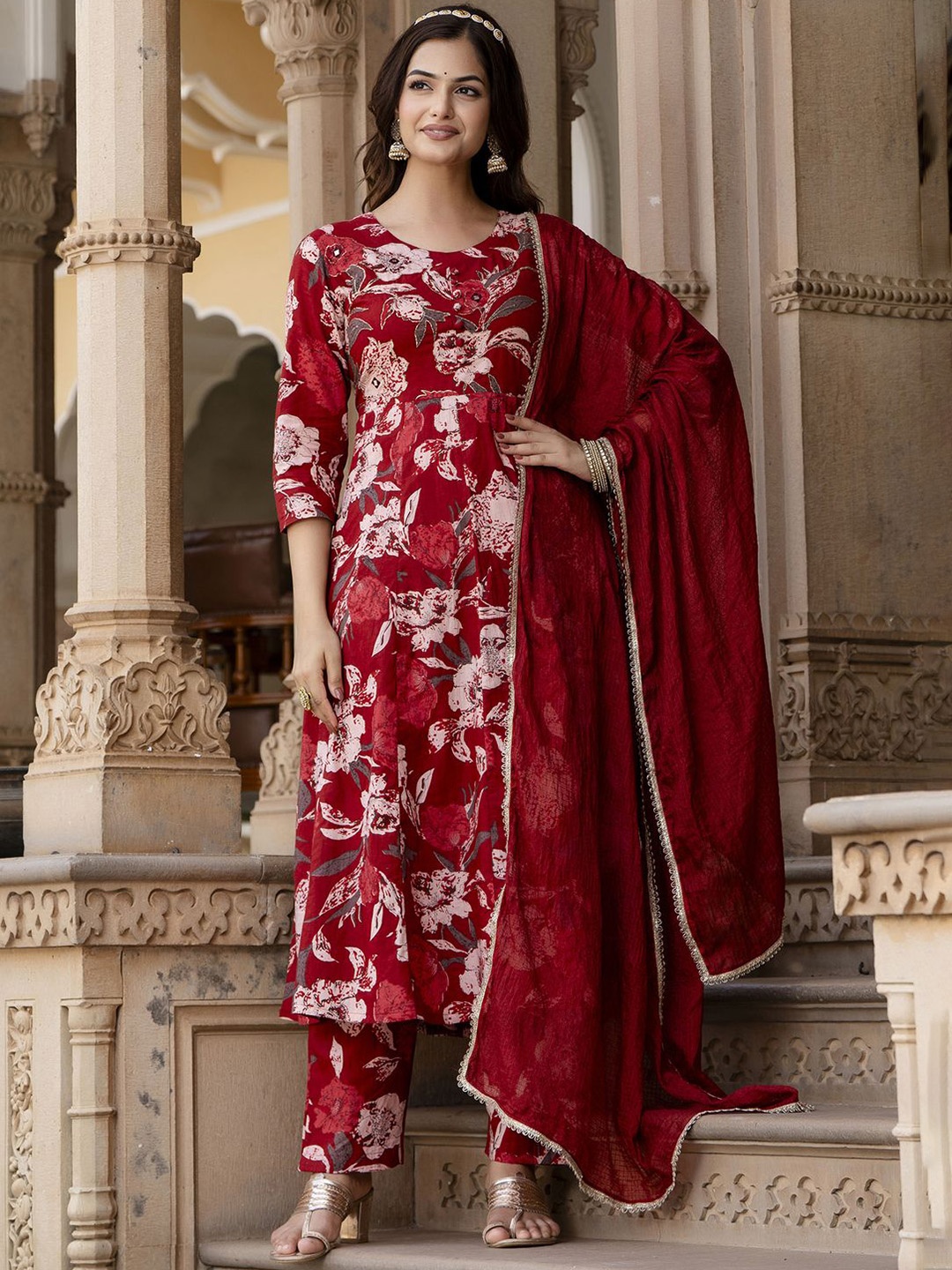 

KALINI Women Ethnic Motifs Printed Regular Pure Cotton Kurta with Palazzos & With Dupatta, Maroon