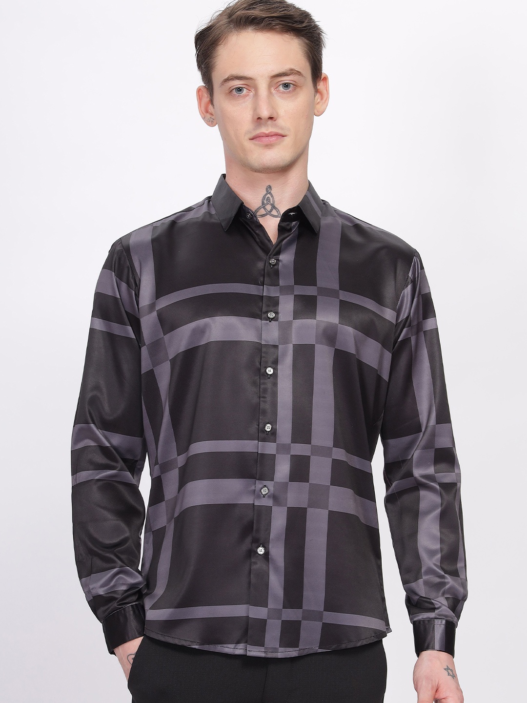 

HAMPTONS Satin Shiny Checkered Partywear Shirt, Black