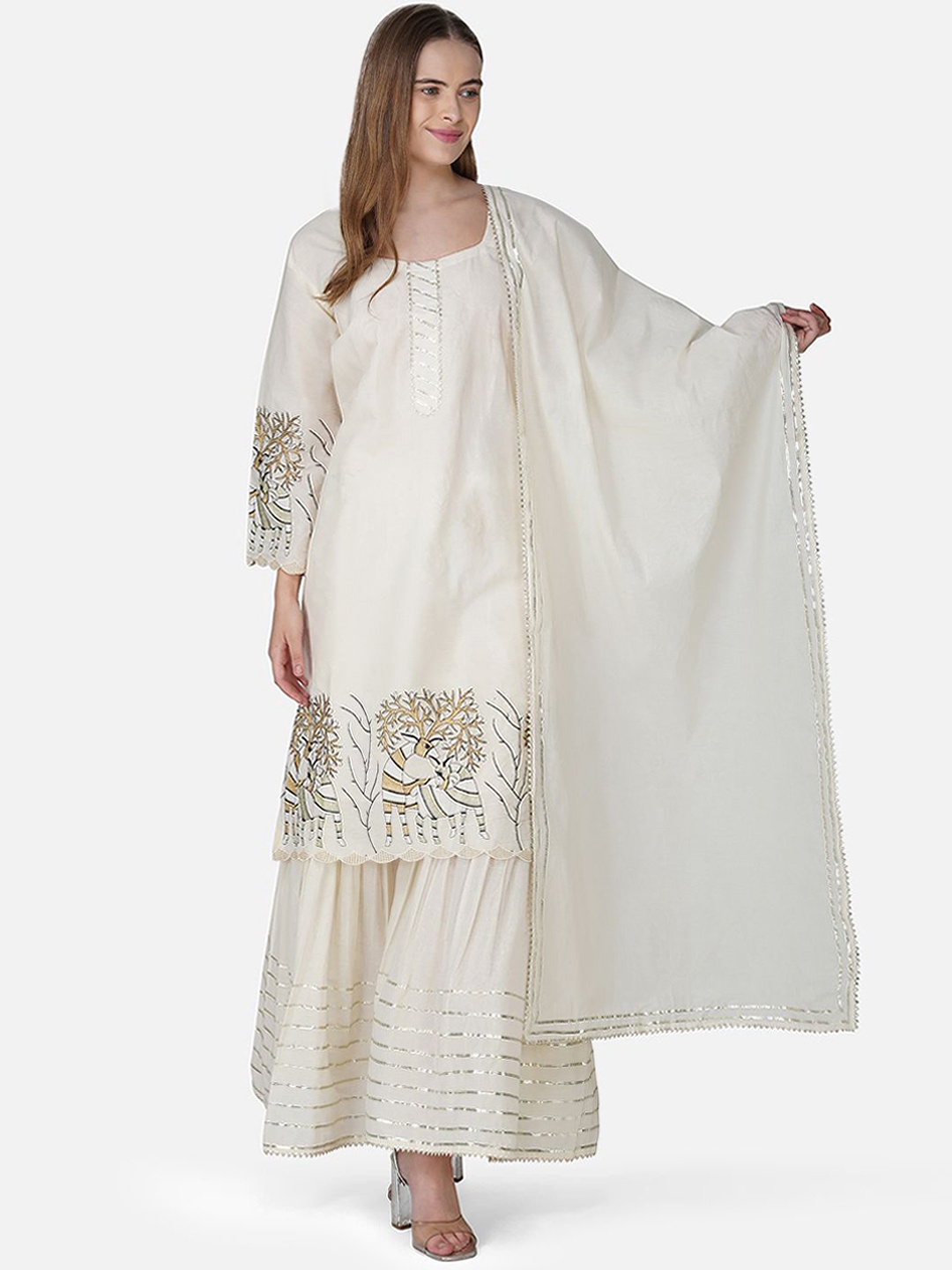 

BCZ Style Women Floral Embroidered Regular Pure Cotton Kurta with Sharara & With Dupatta, Cream