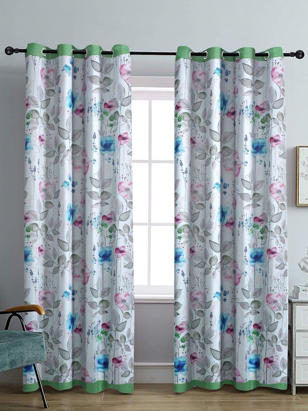 

Aura White & Green Set of 2 Floral Black Out Door Curtain
