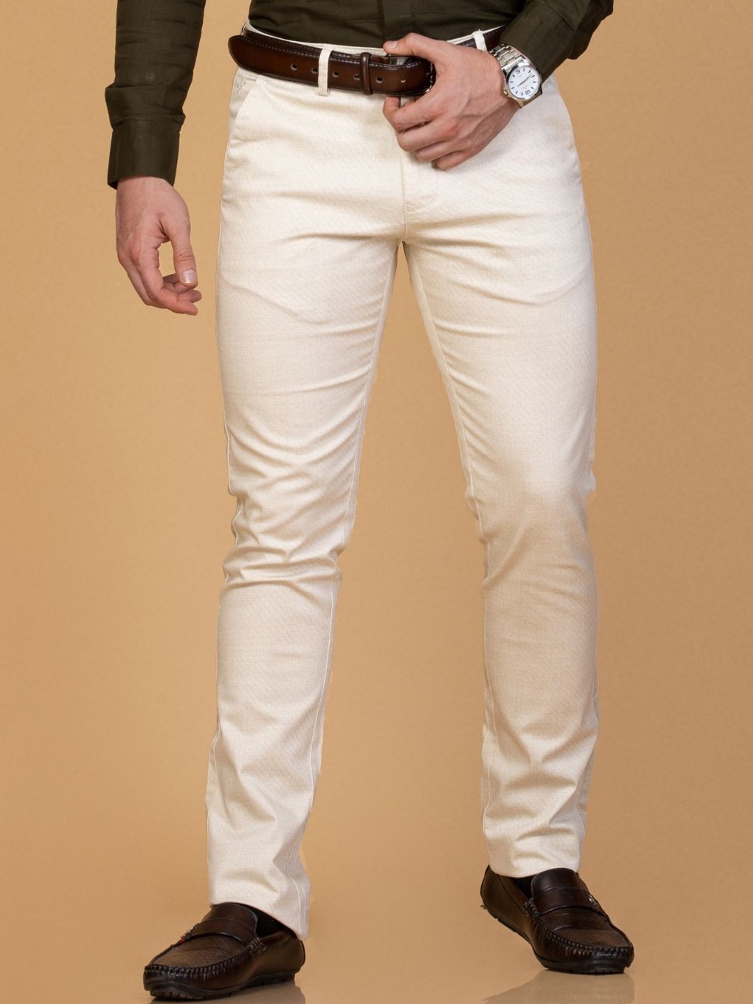 

Berkshire Men Textured Smart Slim Fit Mid-Rise Trousers, Cream