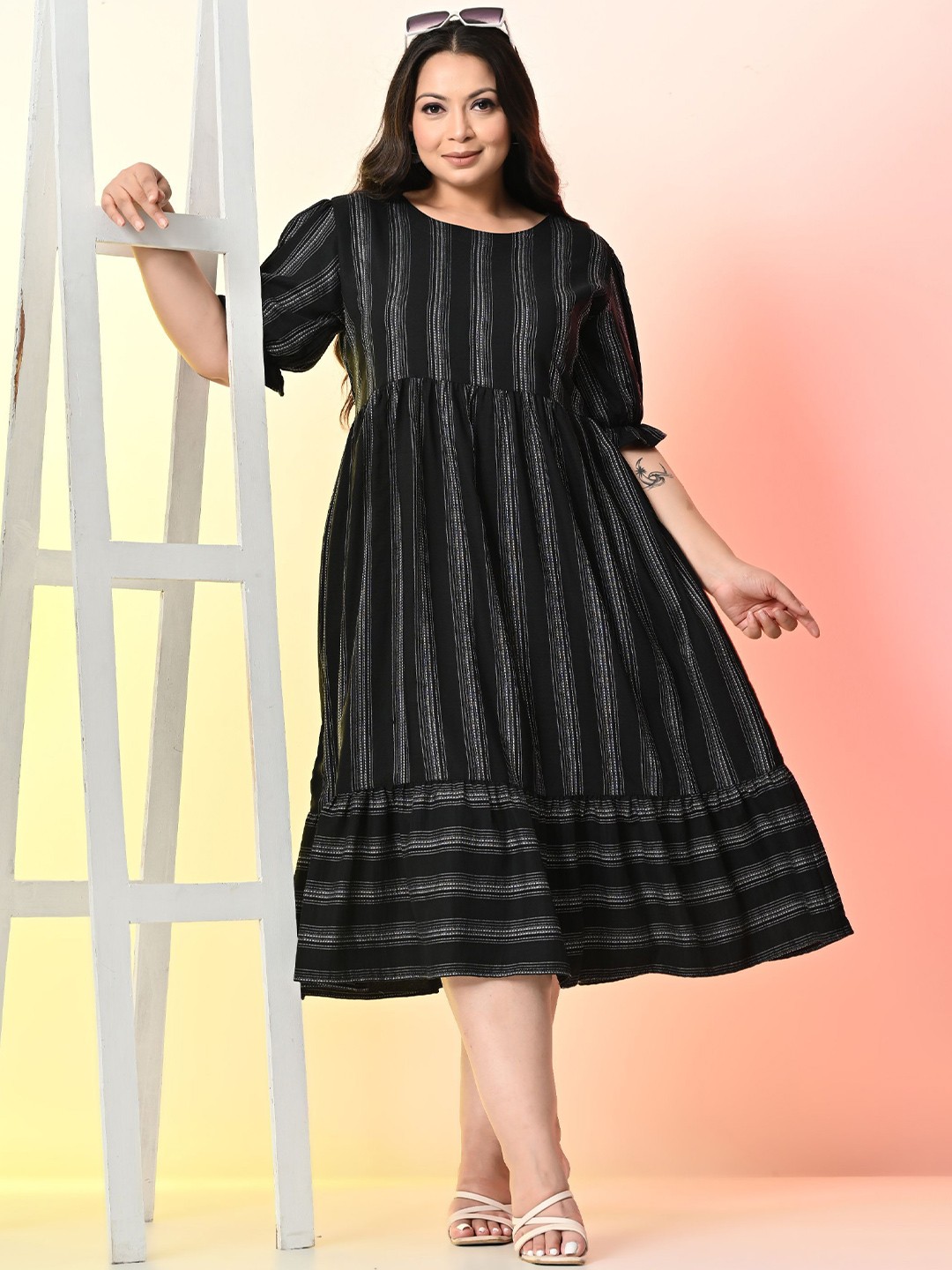 

PrettyPlus by Desinoor.com Plus Size Striped Fit & Flare Midi Dress, Black