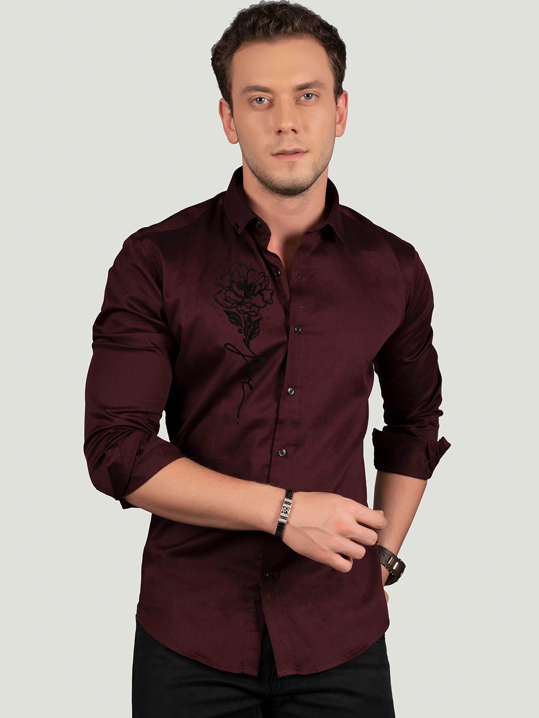 

ALMATY Men Comfort Slim Fit Opaque Party Shirt, Maroon