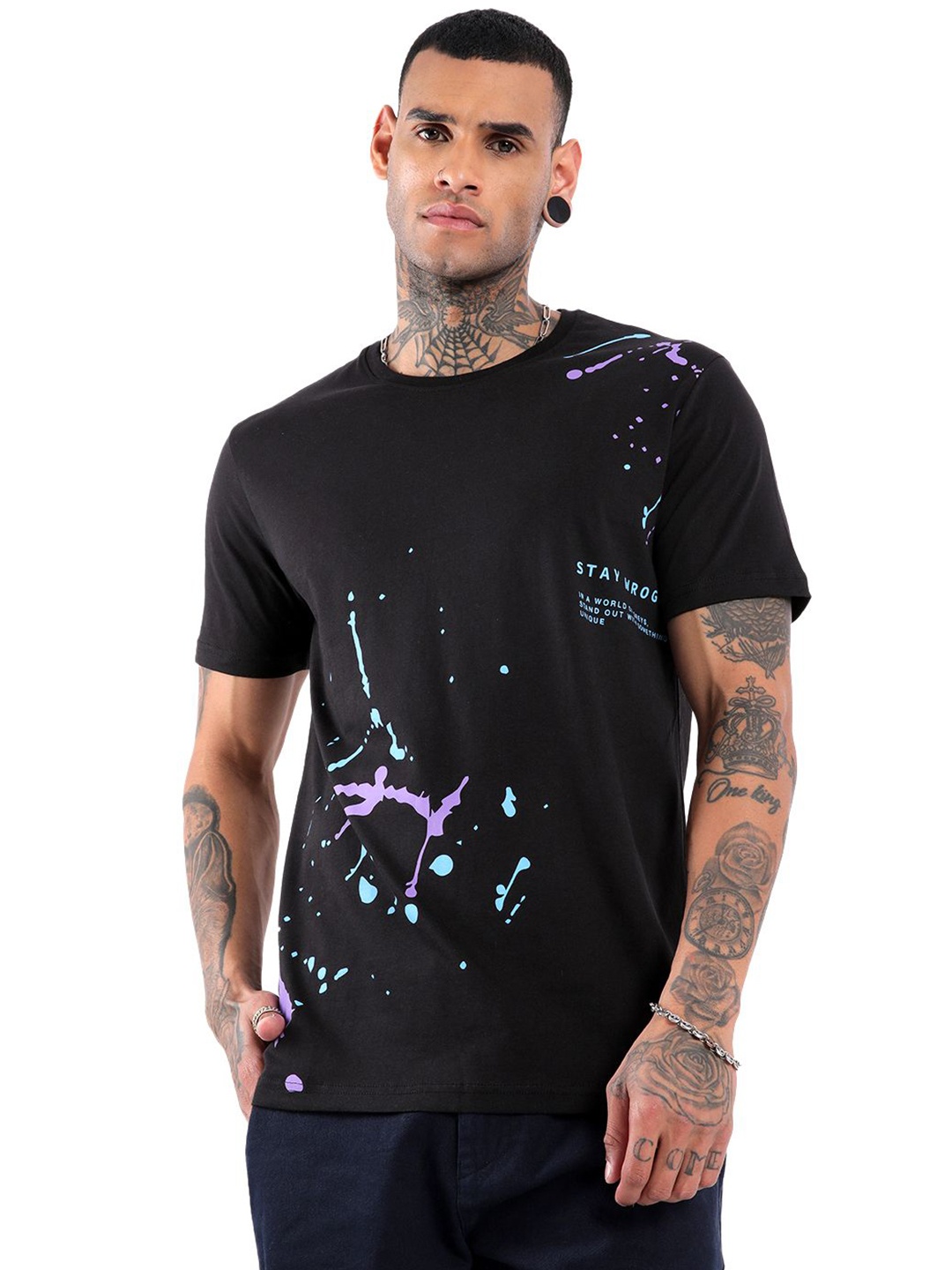 

WROGN Paint Splash Graphic Printed Slim Fit Cotton T-shirt, Black