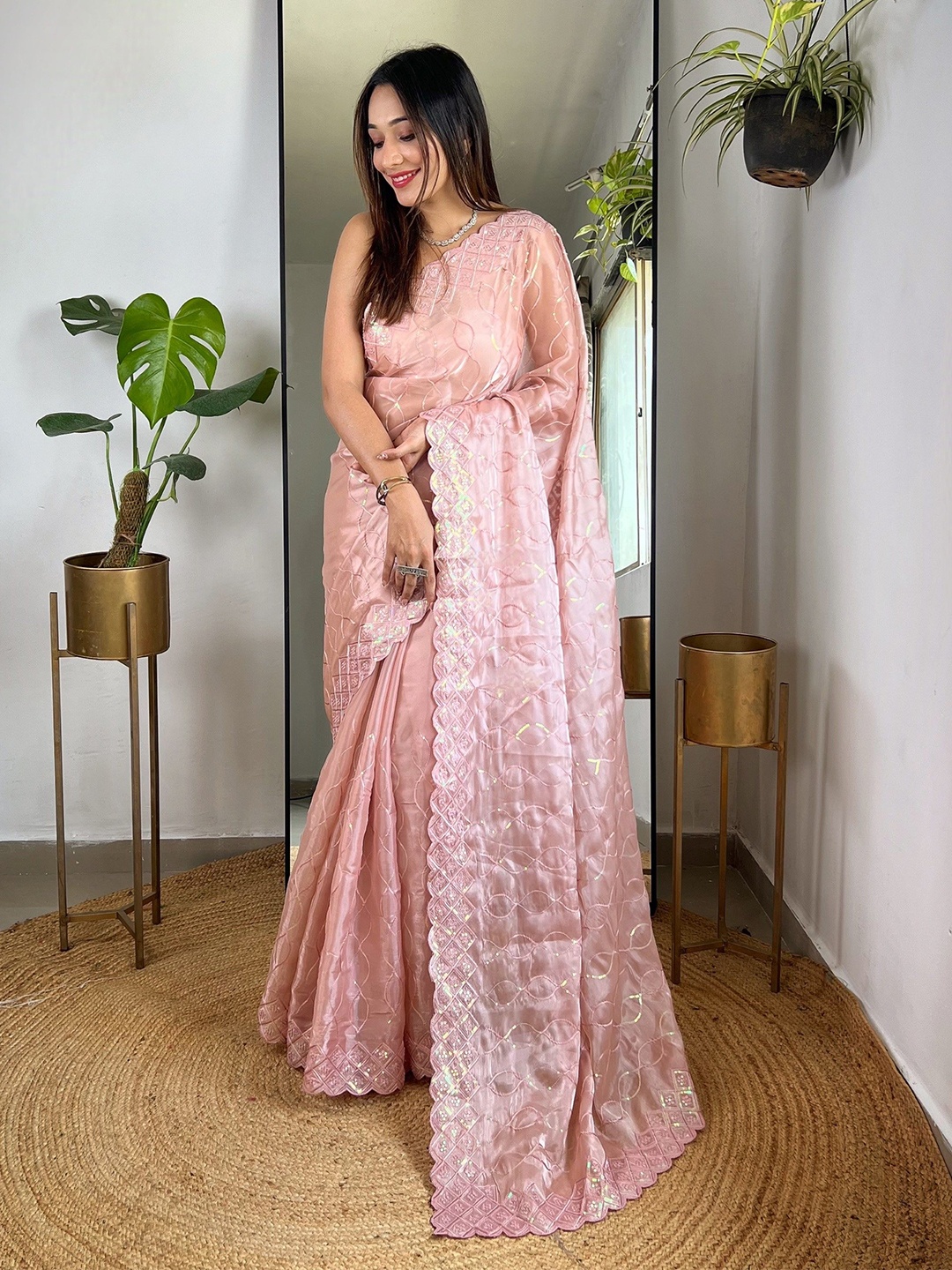 

Munir Embellished Sequinned Organza Saree, Peach