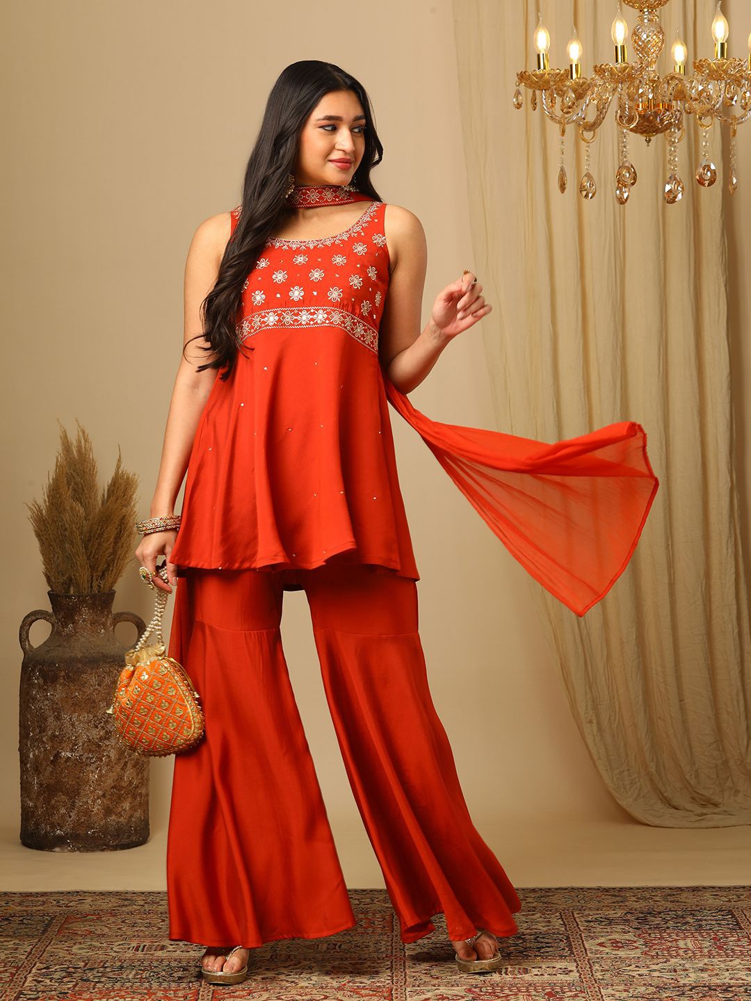 

Globus Embroidered Sleeveless Top Trouser & Dupatta Co-Ords, Orange